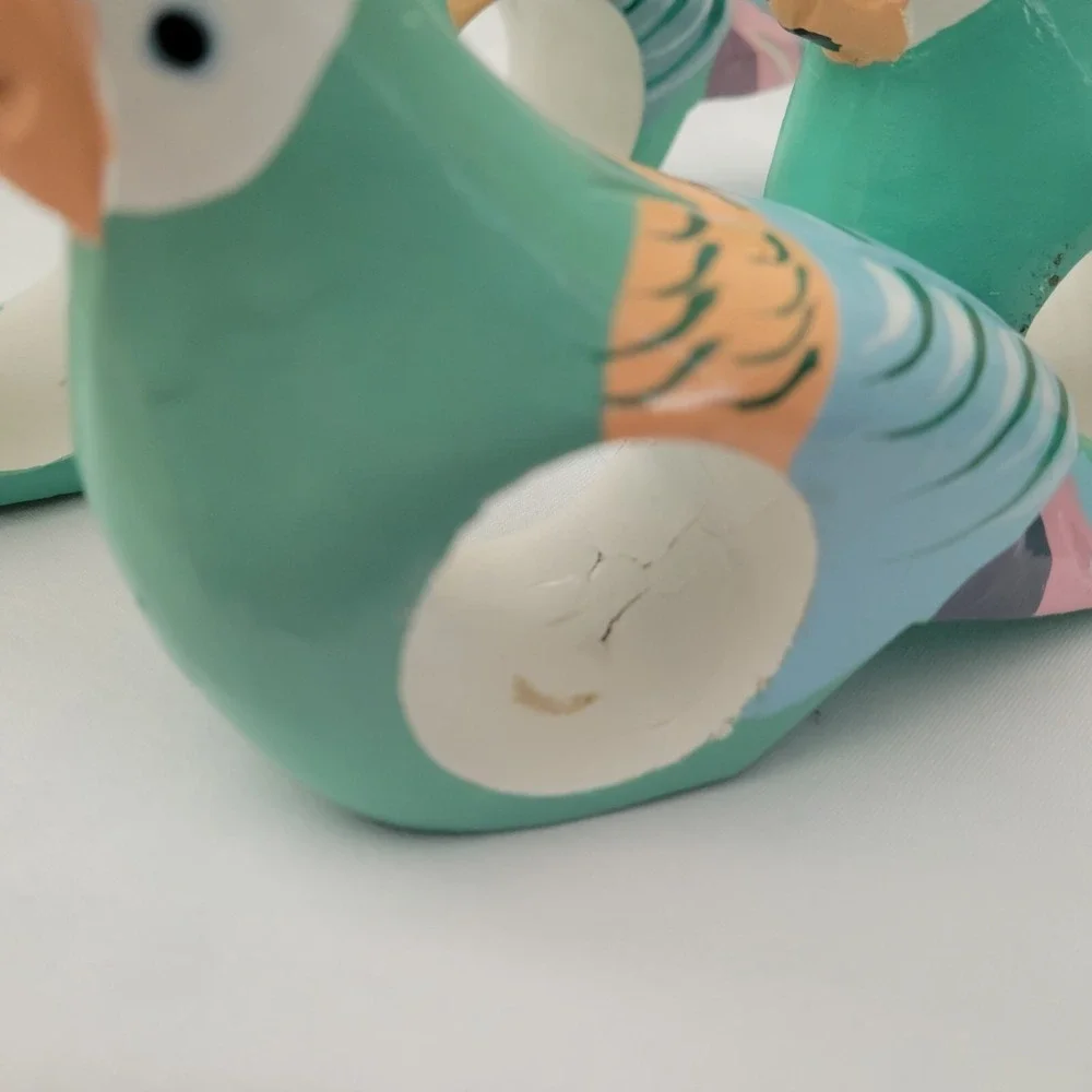 Vtg Wooden Parrot Napkin Rings 6 Pastel Hand Carved Painted Birds Philippines